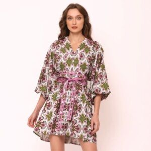 BEYOND by Vera Lara Block Print Floral Long Puff Sleeve Belted Mini Dress Large
